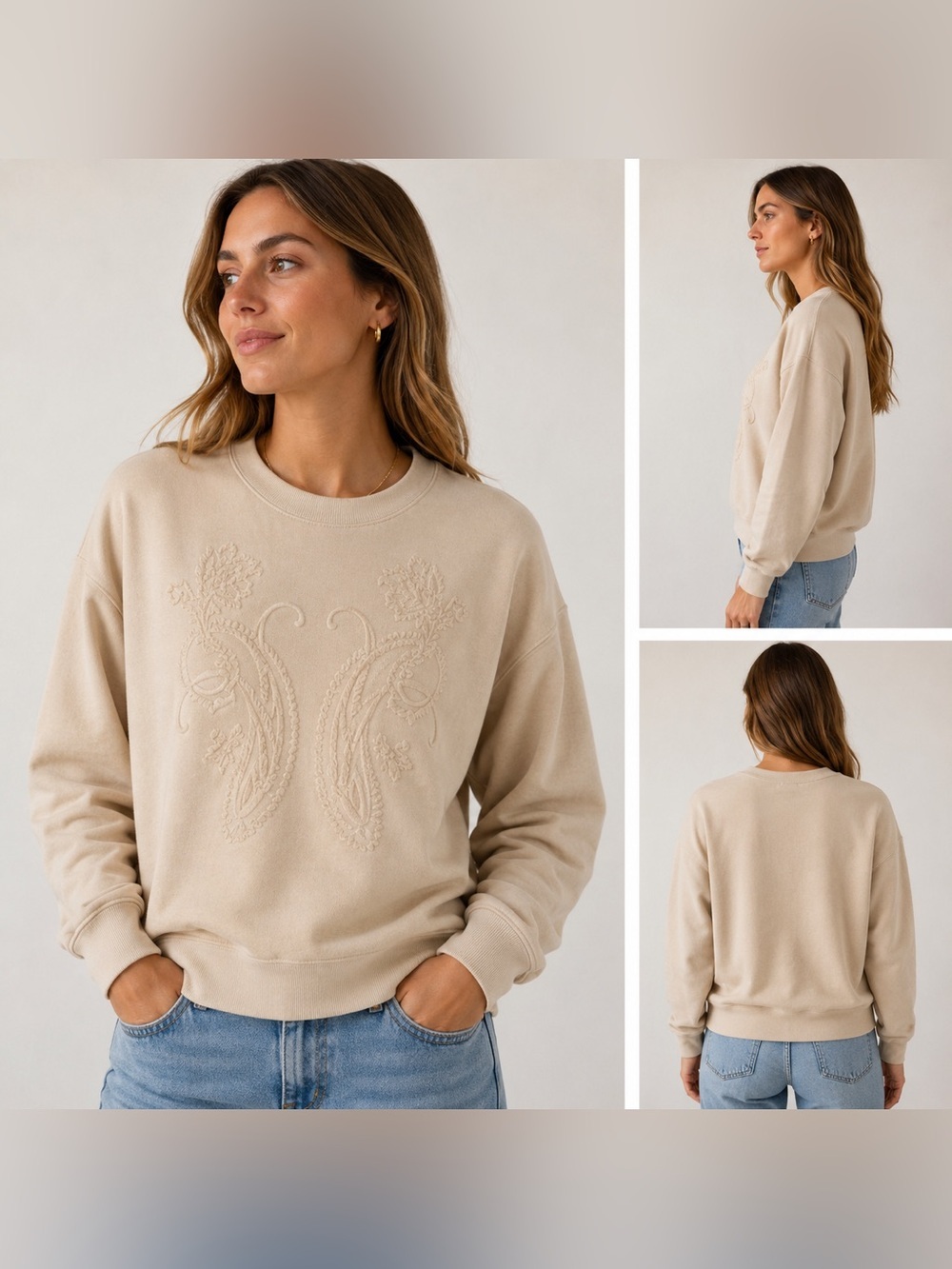 Tristan Embossed Sweatshirt in Cream size medium